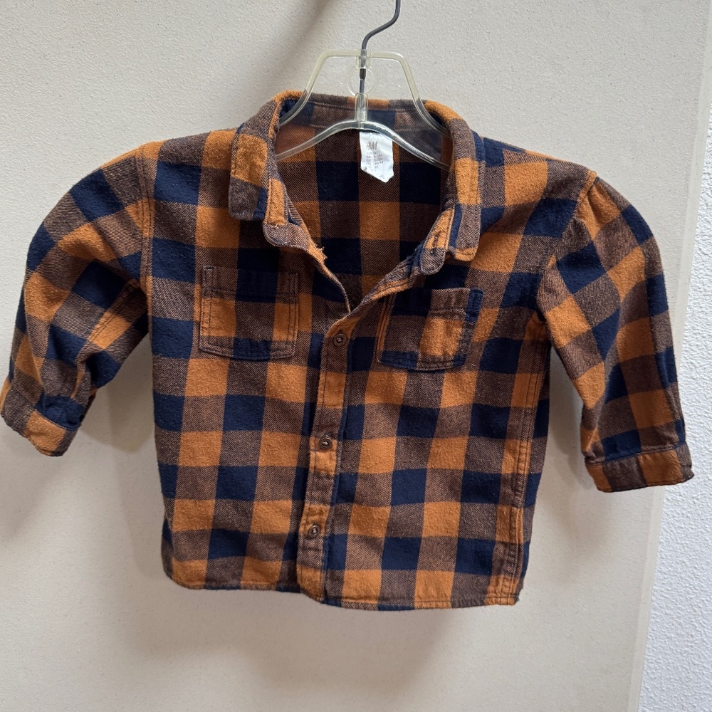 H&M 9-12 Months Long Sleeve Gingham Blue Orange Flannel Button Up